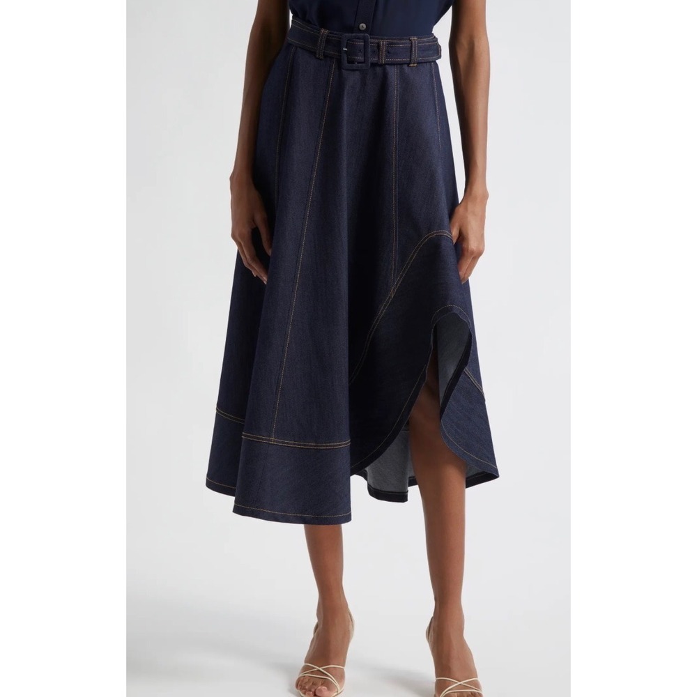 Cinq a Sept Zelda Denim Asymmetric Midi Skirt Belted Pockets US 6 flounce luxury